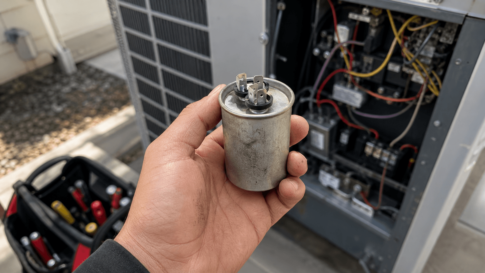 HVAC technician holding a replaced capacitor