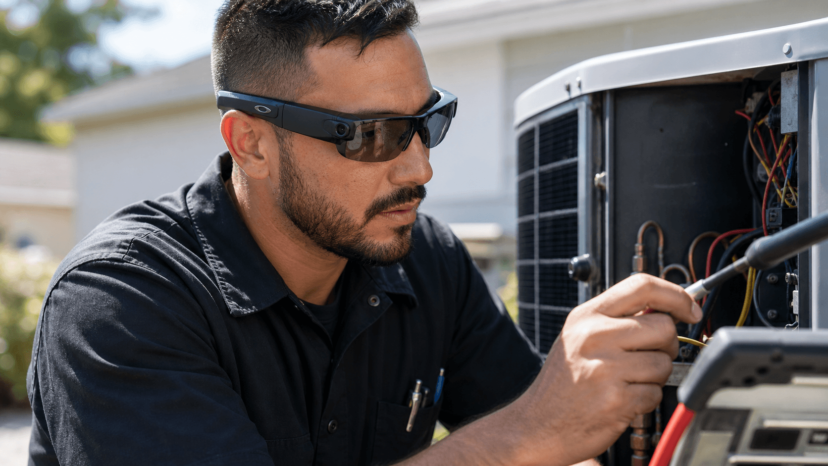 HVAC technician wearing smart glasses while servicing an outdoor unit